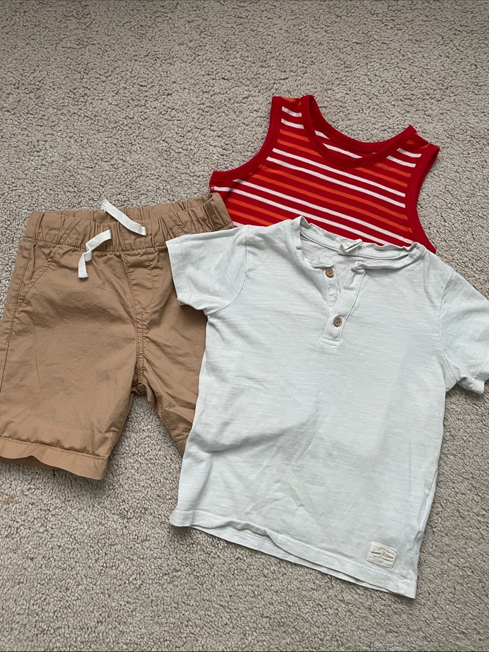 Kids Neutral Henley Tee + Tan Shorts + Red Striped Tank Set